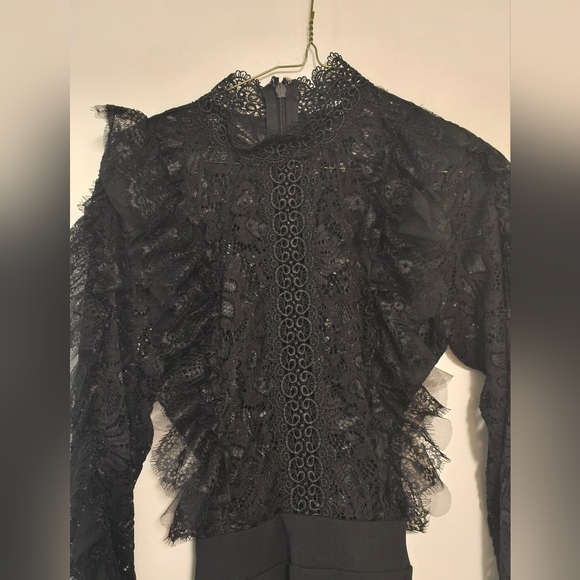 Fashion Nova Black Lace Ruffle High-Neck Blouse Jumpsuit M/L - Picture 4 of 9